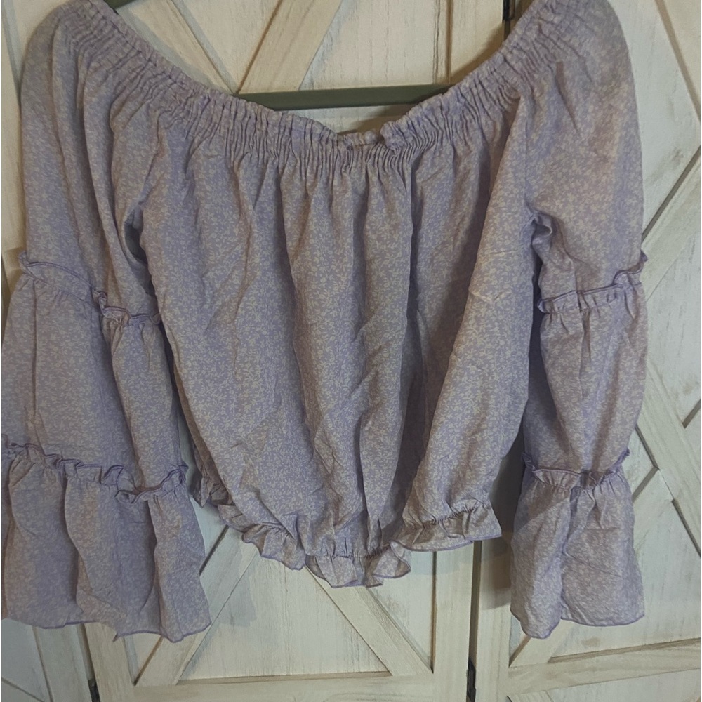 Women Purple Flower off the shoulder bell sleeve top_Large - Picture 6 of 12